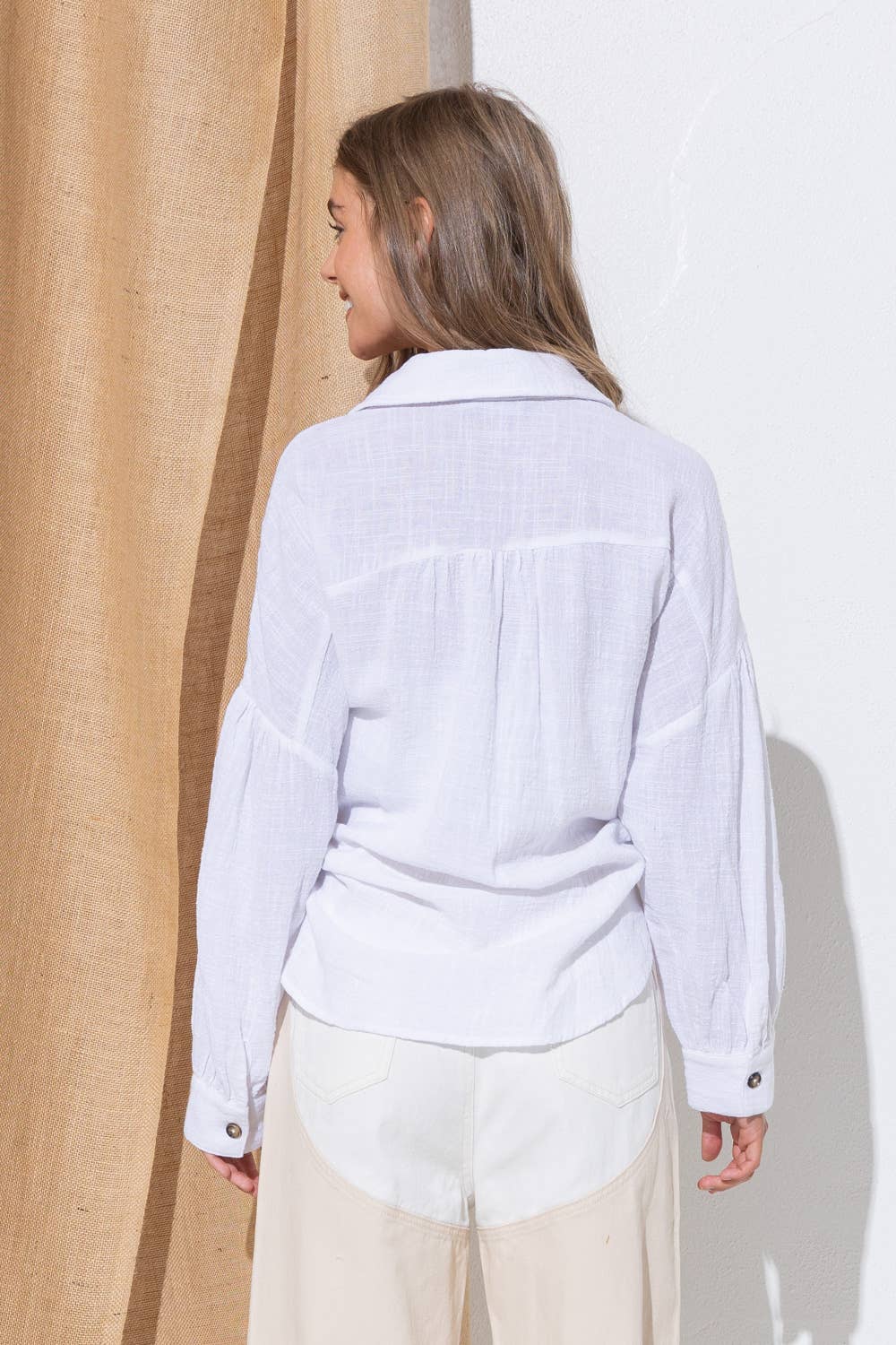 31938T - Washed Cotton Button Up Shirt Blouse: FUCHSIA / MEDIUM