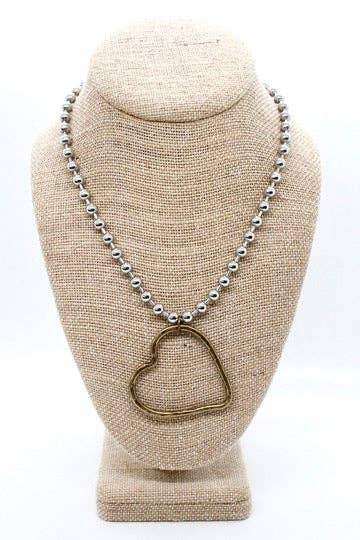 Brass Heart Outline Convertible Silver Chain Necklace: Single 8mm