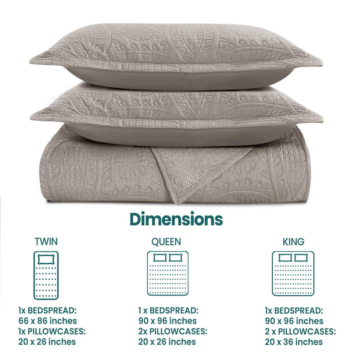 Quilted Bedspread 3 Pc Coverlet Bedding Quilt Set All Season: Full/Queen / Grey