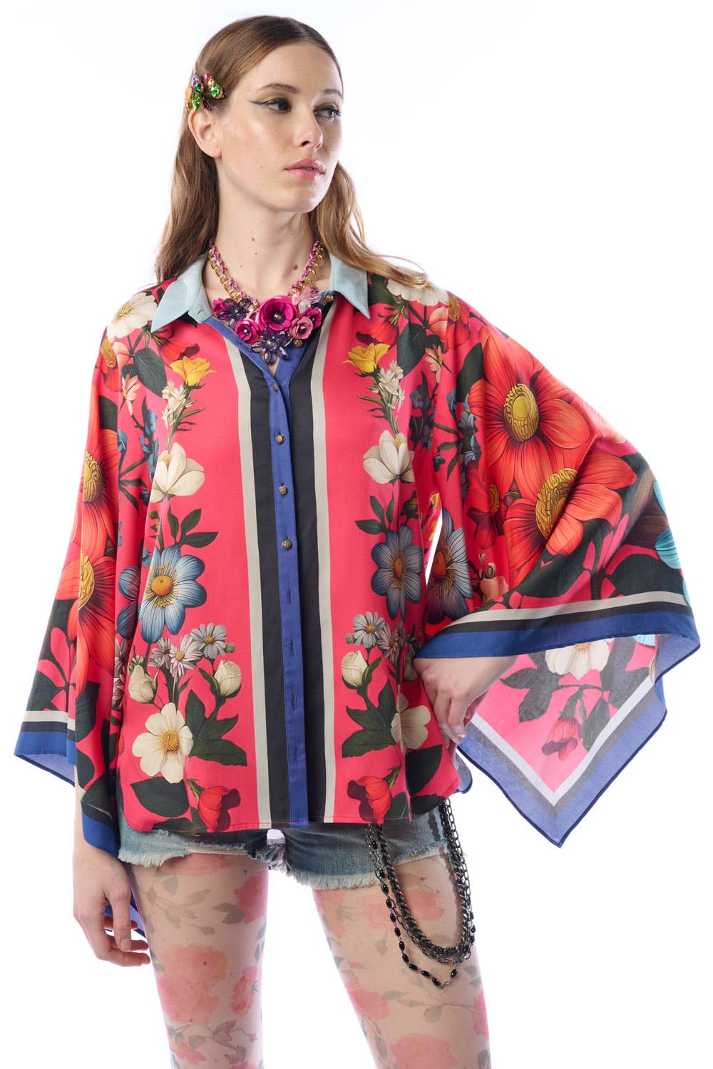 Floral Garden Shirt | Button-Down Blouse | Long Sleeves Top: Rose Floral / M