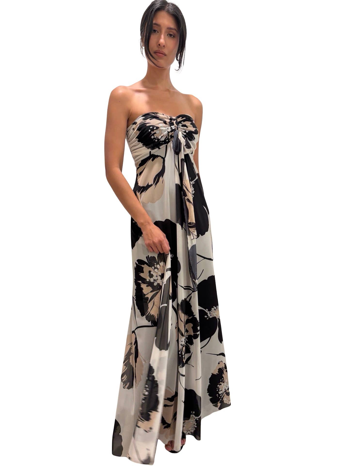 KATE Long Strapless Flared Empire Waist  Printed Mesh Dress - Elana Kattan