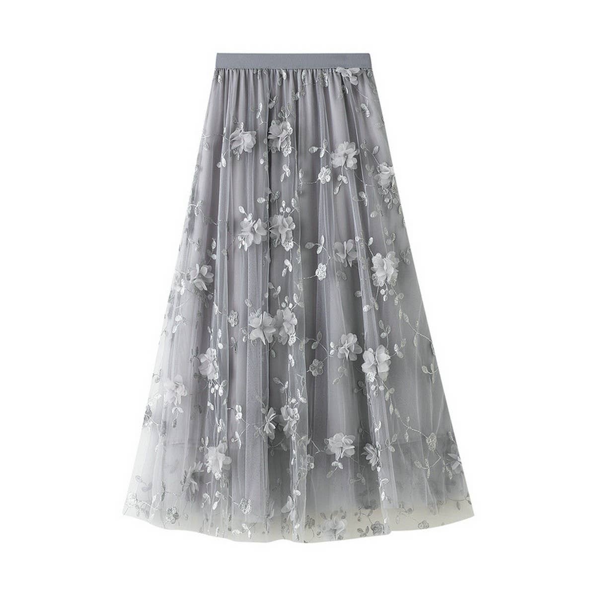Embroidered Tulle A-Line Maxi Skirt Plus Size_CWBMS0370: Black / (OS) 1