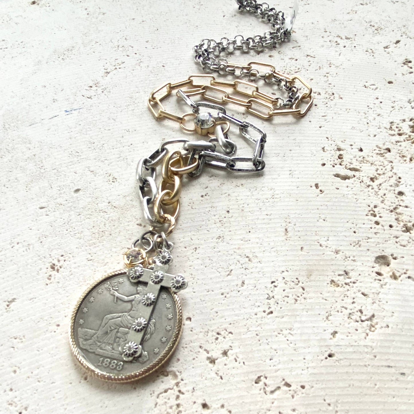 Coin necklace mixed metal jewelry vintage boutique jewelry