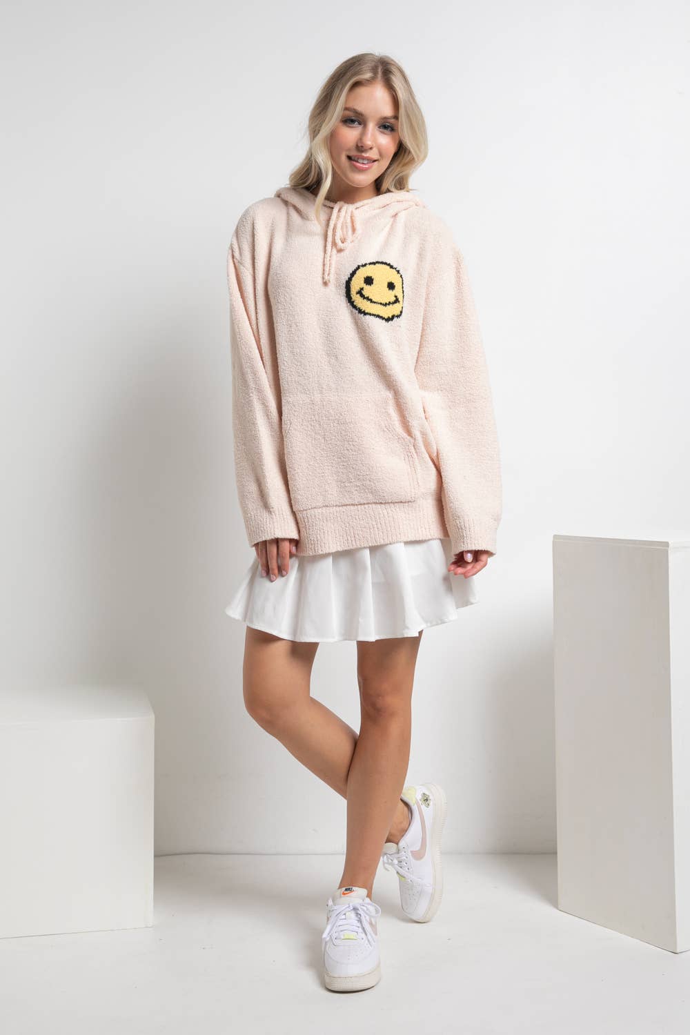 17376W - Fuzzy Cozy Hooded Smiley Sweater: DUSTY BLUE / S/M