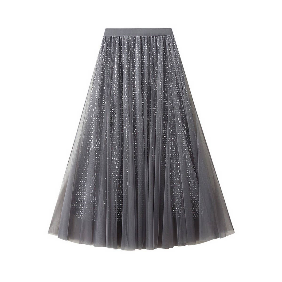 Sequin Tulle A-Line Maxi Skirt with Flowing Drape_CWBMS0377: Gray / (OS) 1