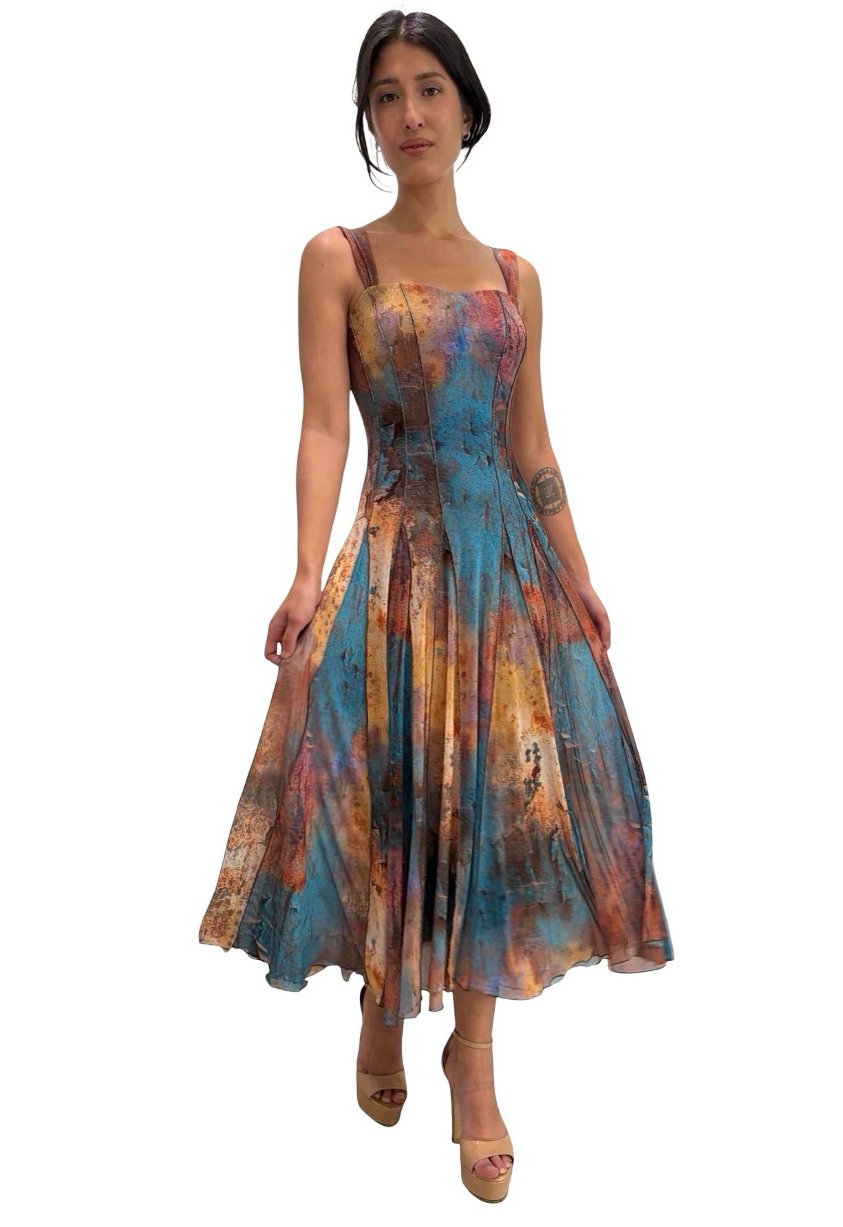 MONET Sleeveless Tea Length Fit N Flare Paneled Dress : XS