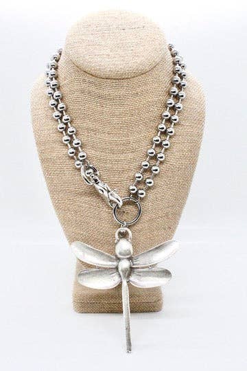 Large Dragonfly Pendant Convertible Silver Chain Necklace: Double 8mm
