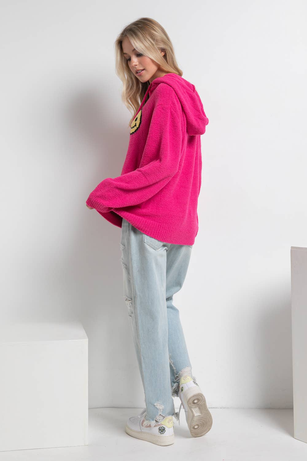 17376W - Fuzzy Cozy Hooded Smiley Sweater: DUSTY BLUE / S/M