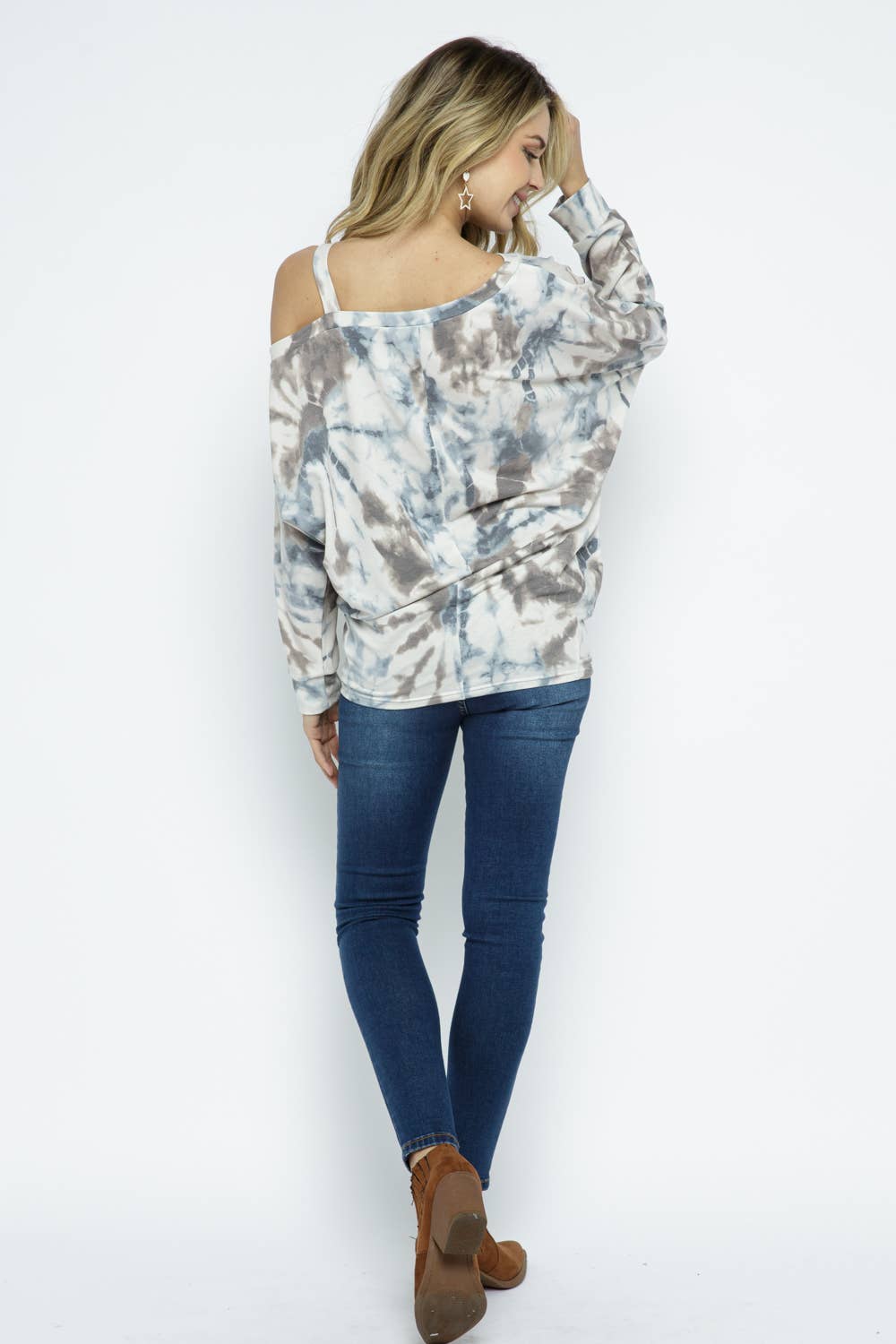 51269T - TIE DYE FRENCH TERRY ONE SIDE OPEN SOULDER TOP: BROWN / LARGE
