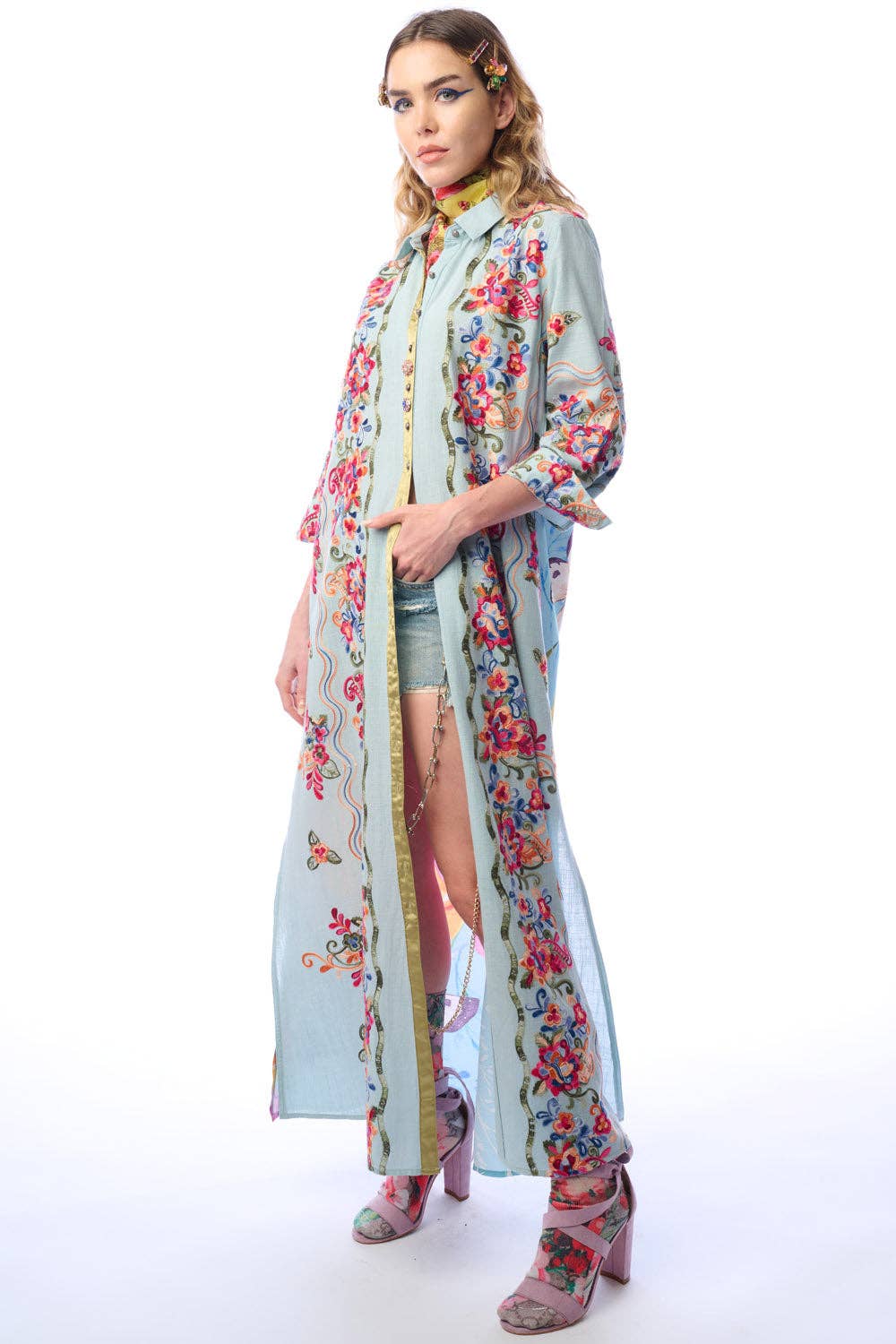 Beauty Mark Maxi Duster-Blue | Duster Dress | Spring Dress: Slate Blue / M