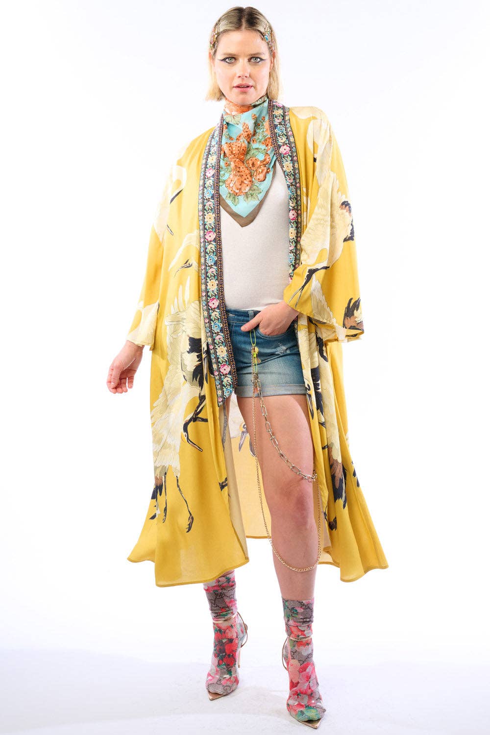 Story of the Crane Kimono - Mustard | Bohemian Coverup Robe: Mustard / One size