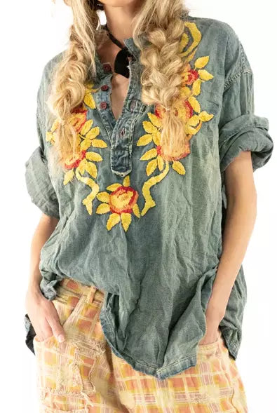 Cotton Denim Embroidered Isabel Floral Shirt 1202 - Magnolia Pearl