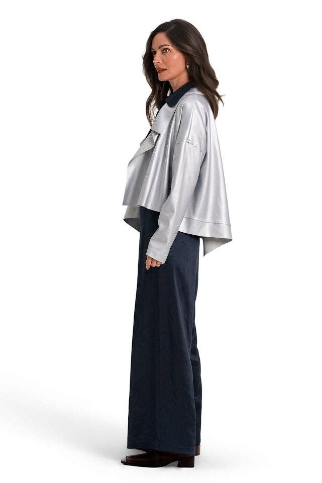 Vegan Leather Cropped Asymmetrical Jacket - Silver