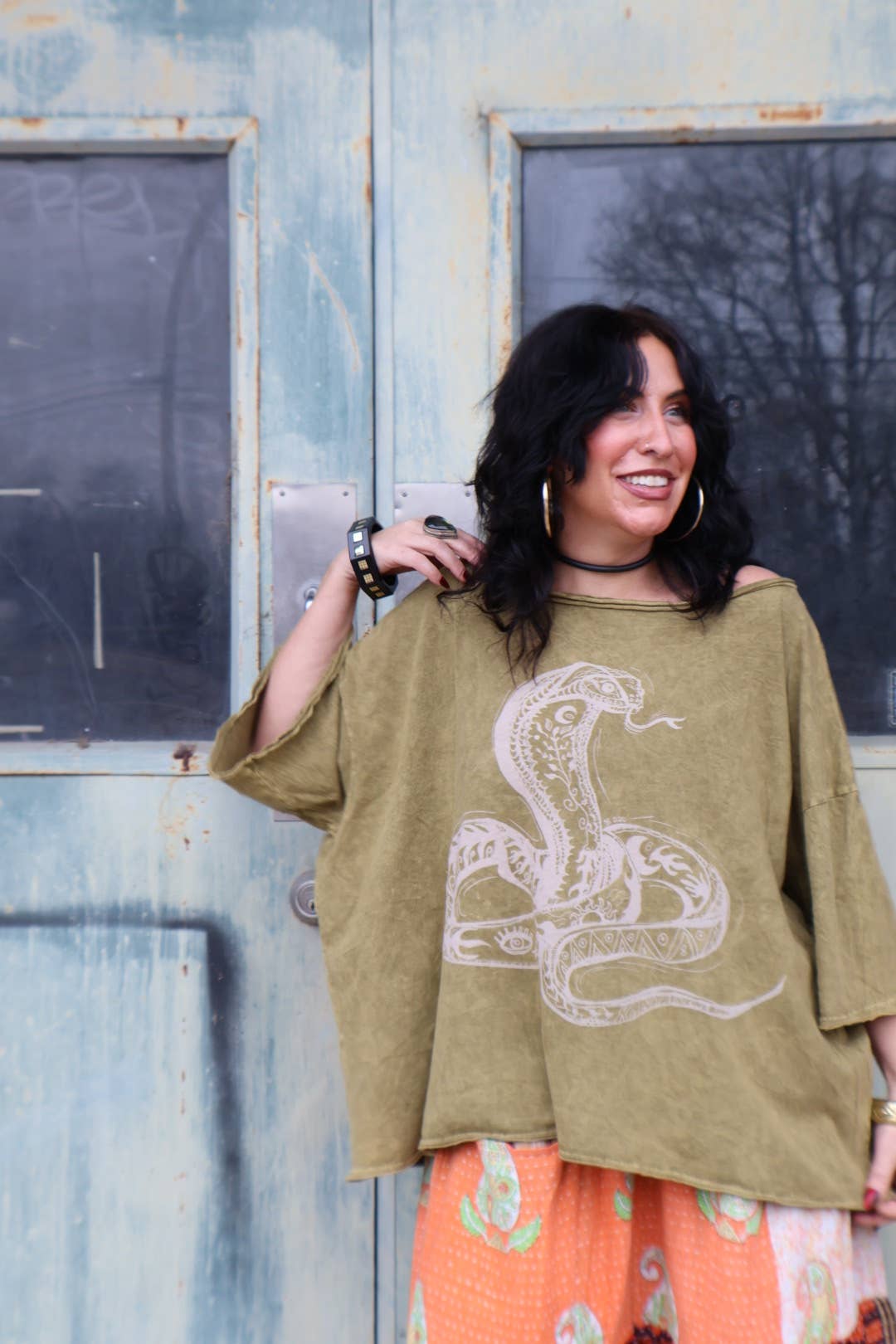 Kantha Bae Boxy Dream Tee - Olive - Snake Boho Graphic