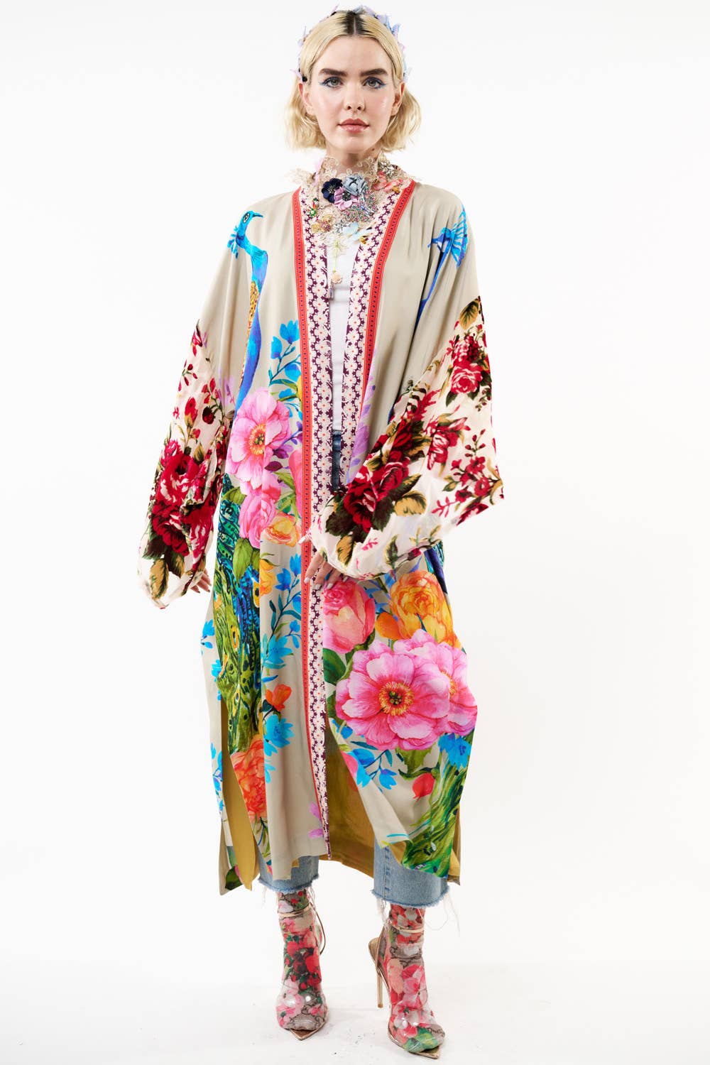 Fantasy Kimono - Beige |Peacock Mesh Sleeve Romantic Robe: Soft Moon / One Size