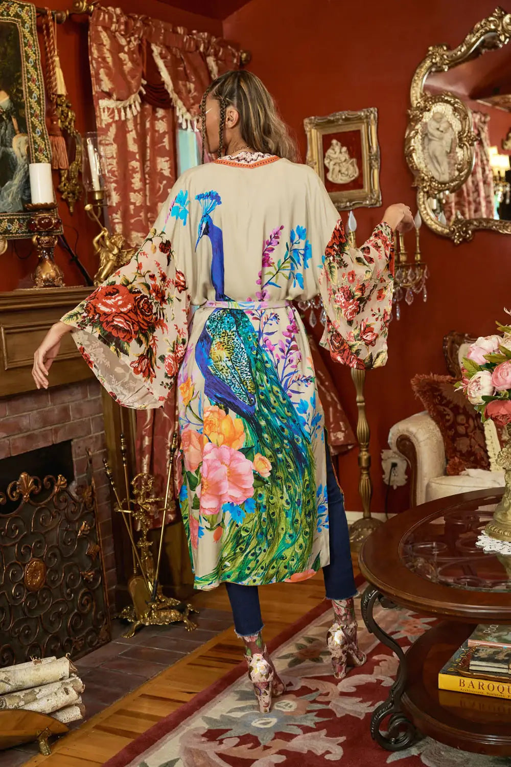 Fantasy Kimono - Beige |Peacock Mesh Sleeve Romantic Robe: Soft Moon / One Size