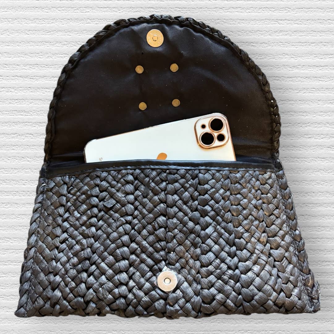 Black Woven Straw Crossbody