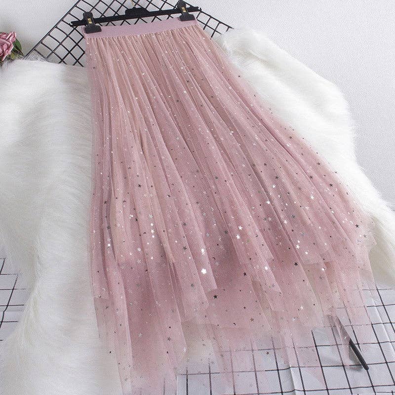 Glitter Mesh Irregular Tulle Skirt: CANDY PINK / One_size