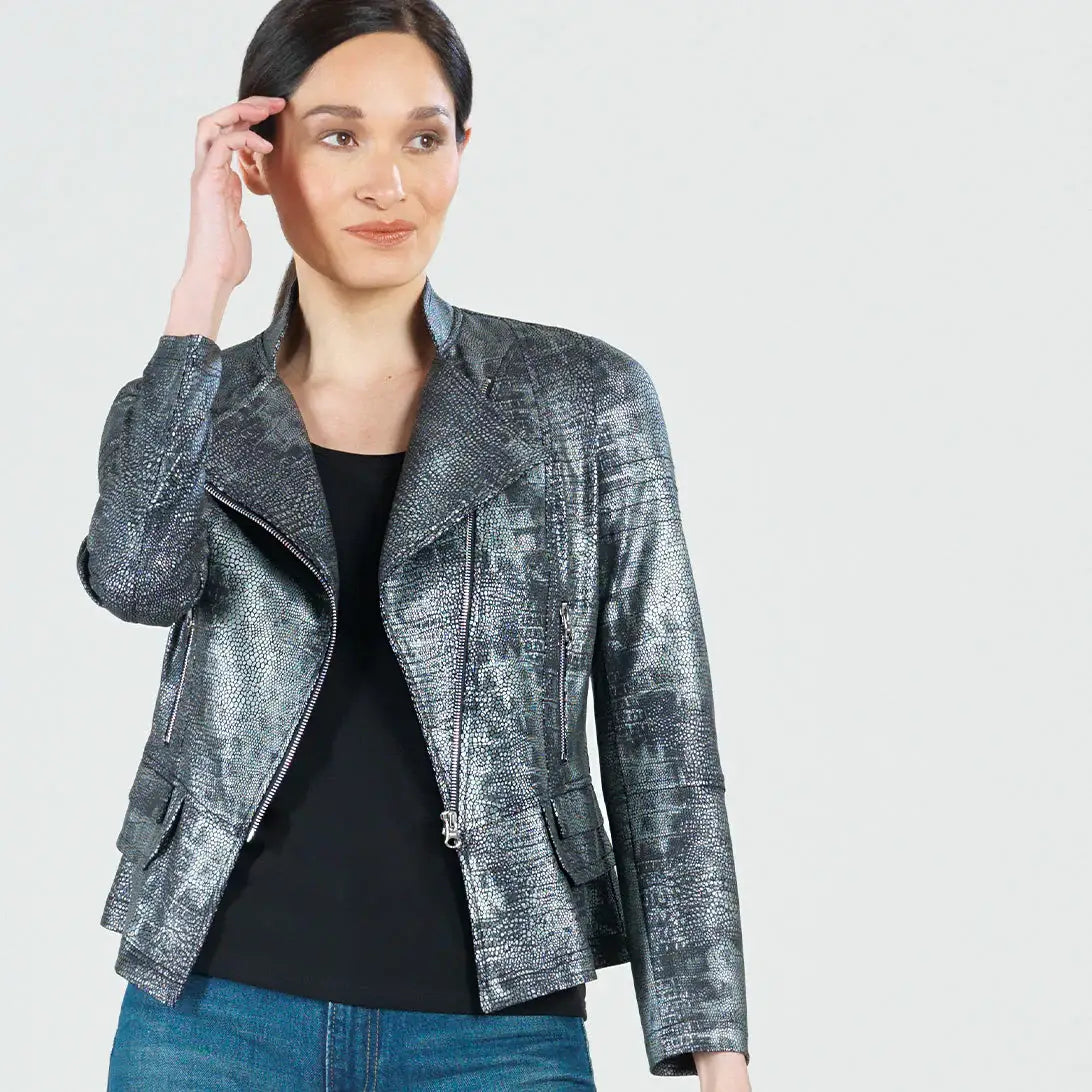 JK75SH - Metallic Liquid Leather ™ Textured Biker Jacket: Gun metal / XL