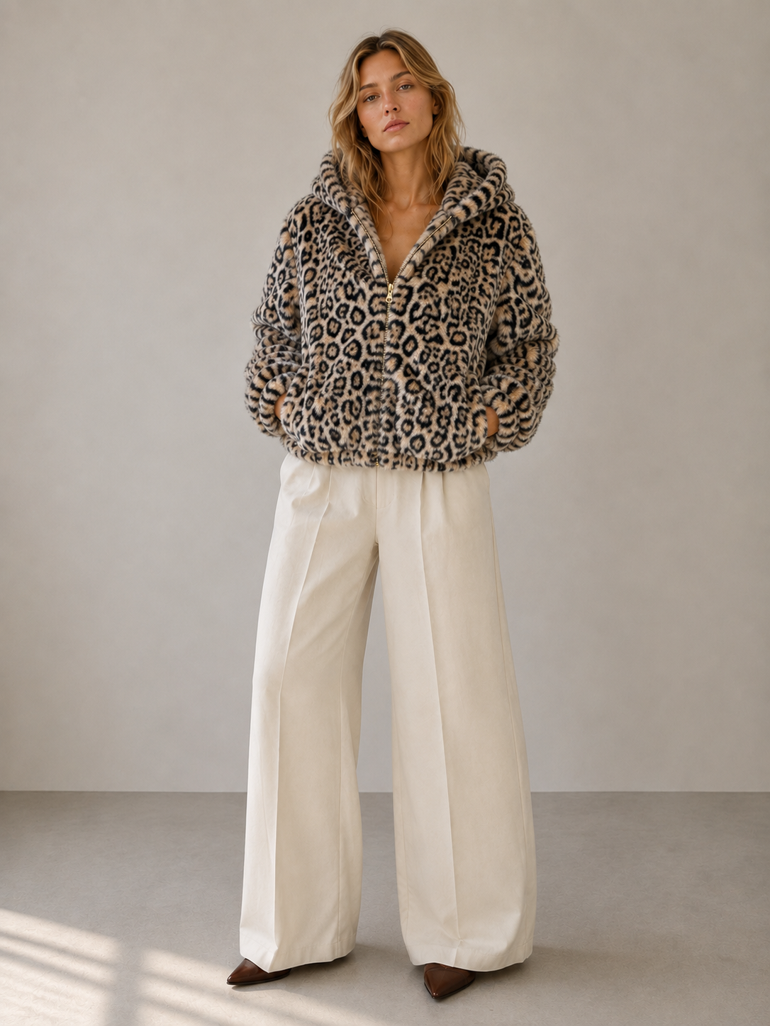 Oyster Bay Jacket — Hooded Faux Fur Zip Jacket: Espresso Leopard / S/M
