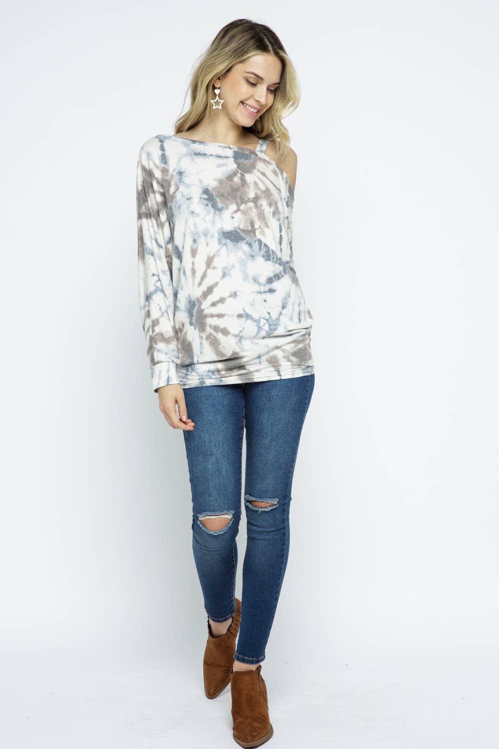 51269T - TIE DYE FRENCH TERRY ONE SIDE OPEN SOULDER TOP: BROWN / LARGE
