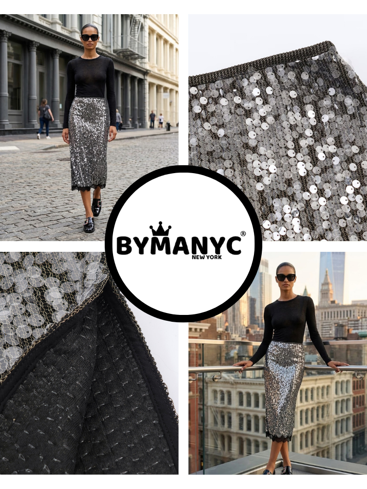 SOHO Women's Sequin & Lace Midi Skirt Prêt-à-Porter BYMANYC ® NY: Silver / S