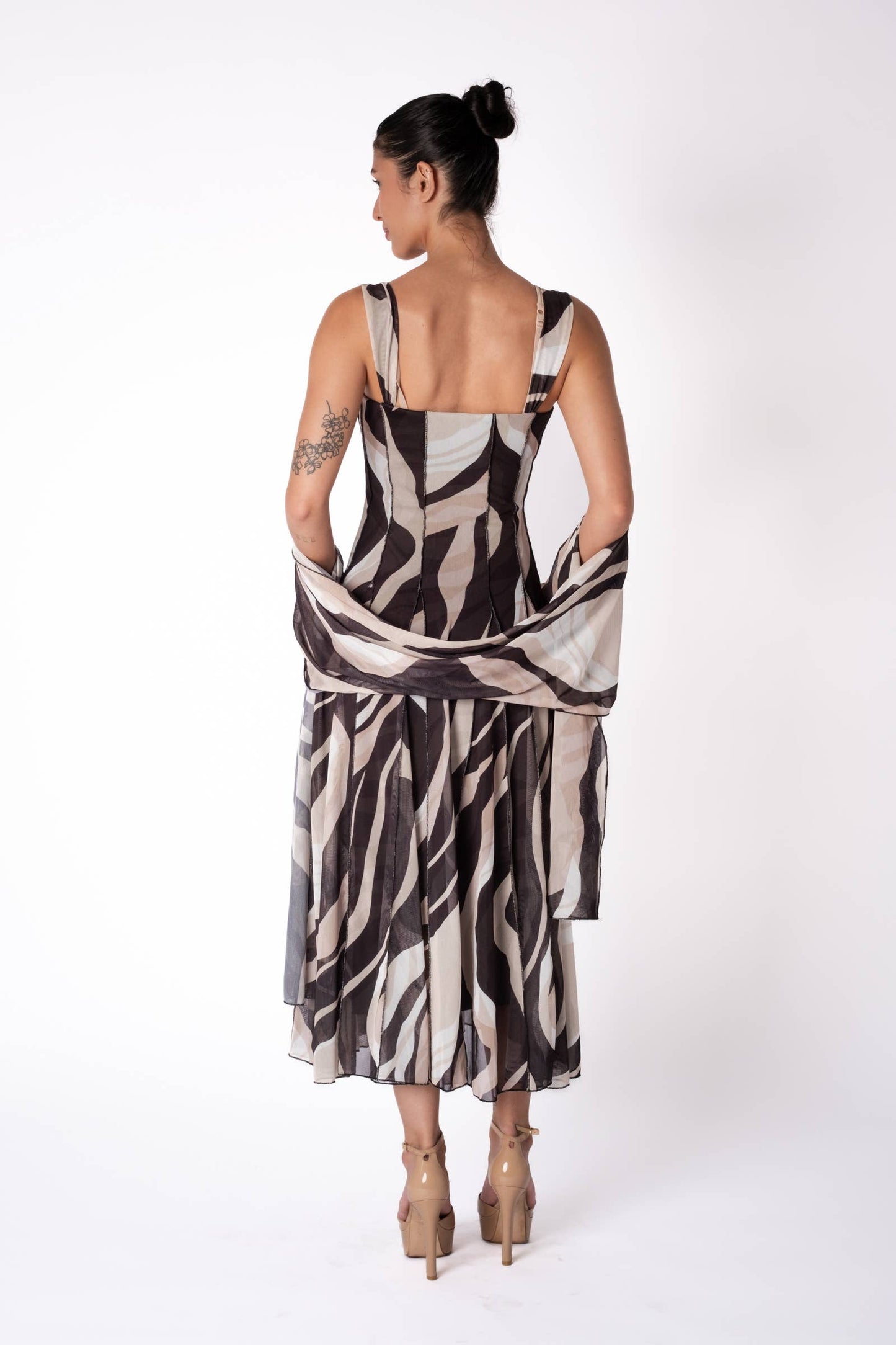 LISA Sleeveless Tea Length Fit N Flare Paneled Dress - Elana Kattan