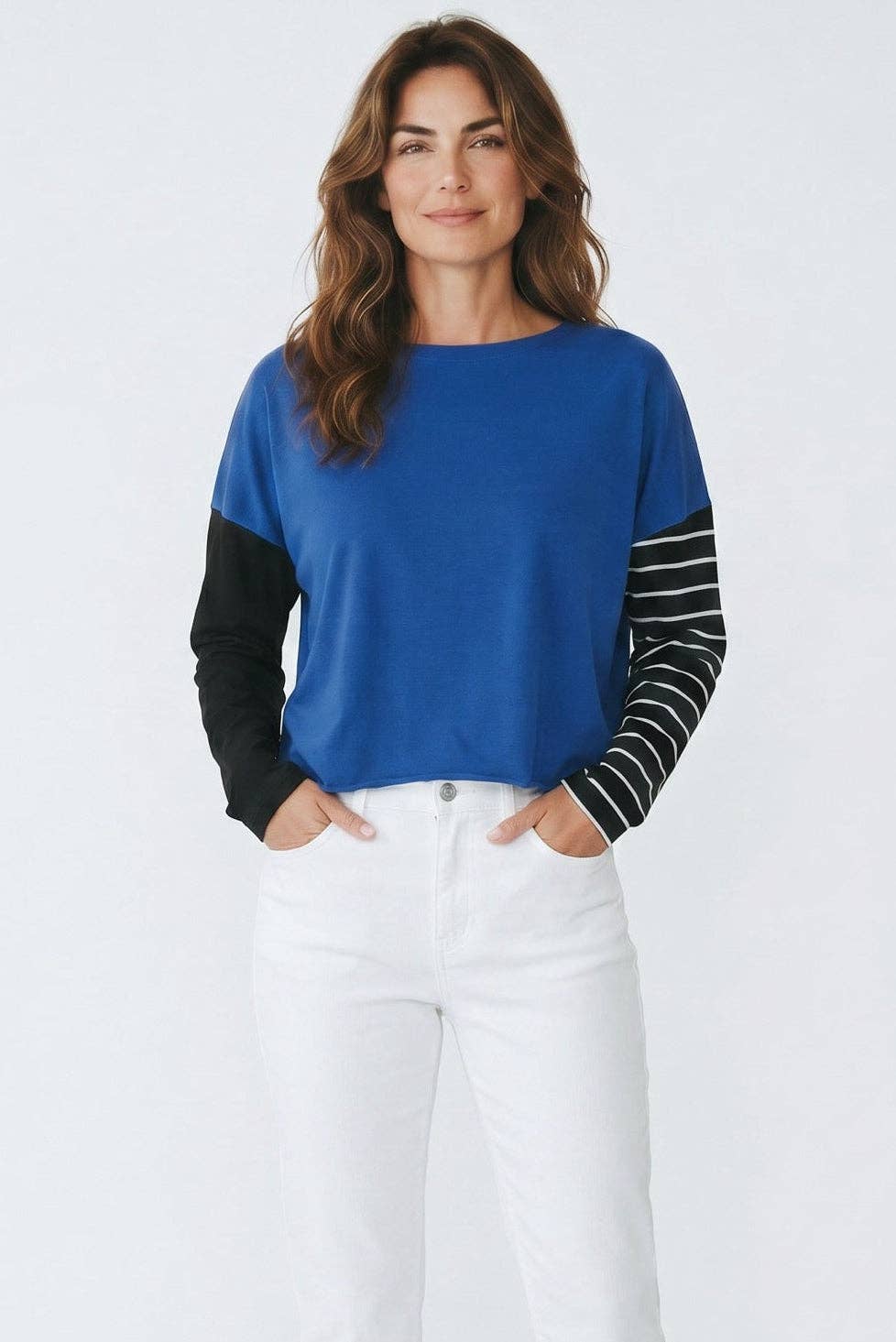 Pima Cotton Mixed Media Mini Luxury Boxy T-Shirt - Royal/Black