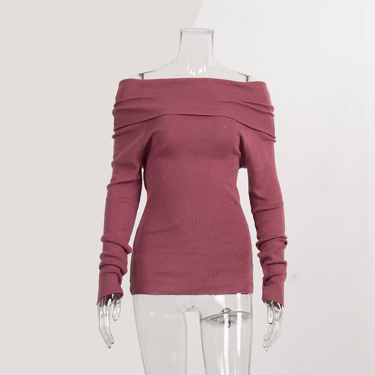 Off-Shoulder Knitted Top Slim Fit Solid Color Long Sleeve Pullover: Black / M