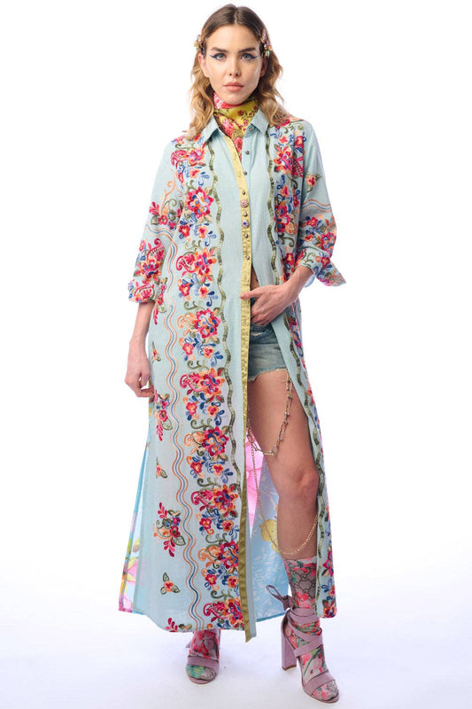 Beauty Mark Maxi Duster-Blue | Duster Dress | Spring Dress: Slate Blue / M