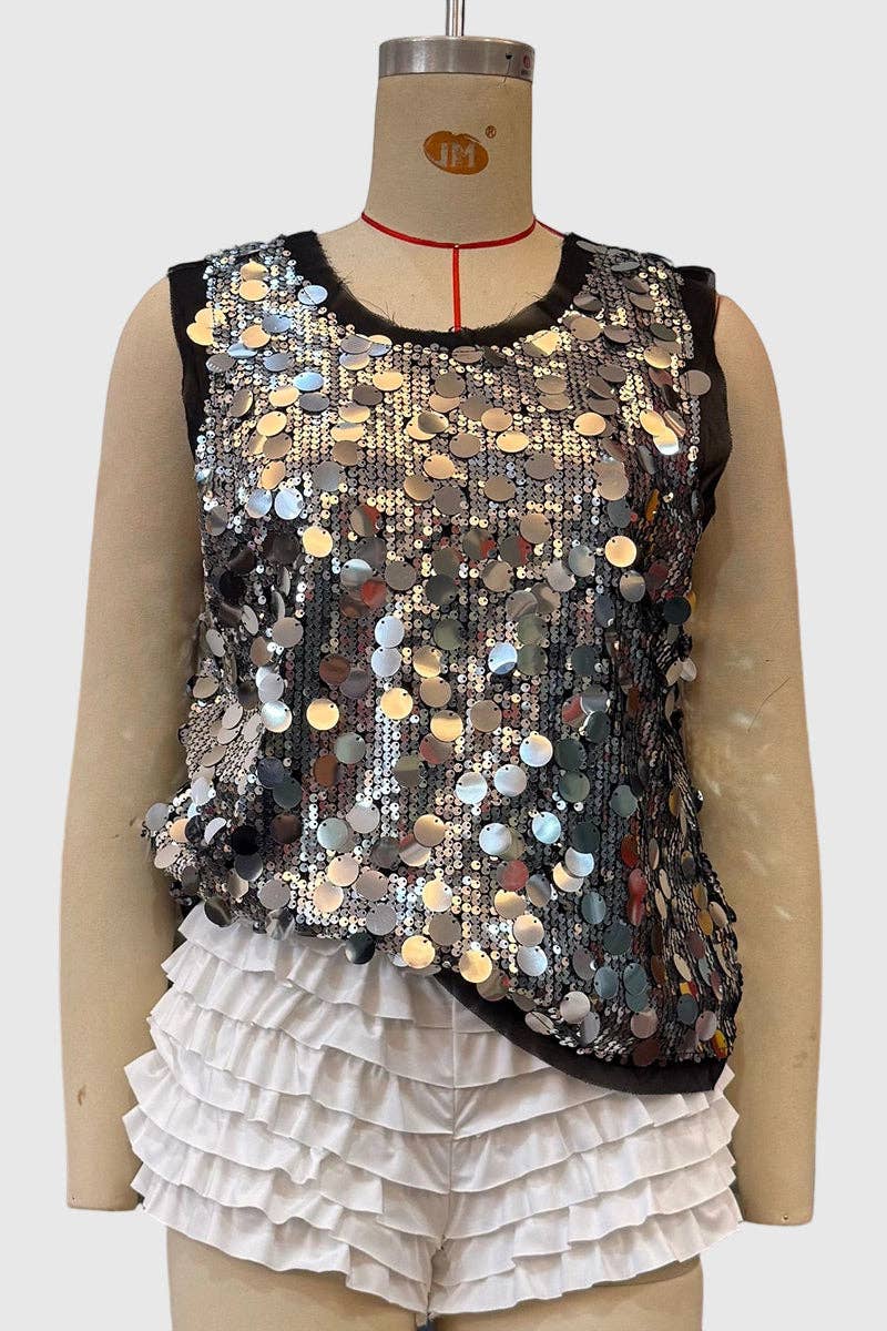 Sleeveless Sequin Tank Top: SILVER / M
