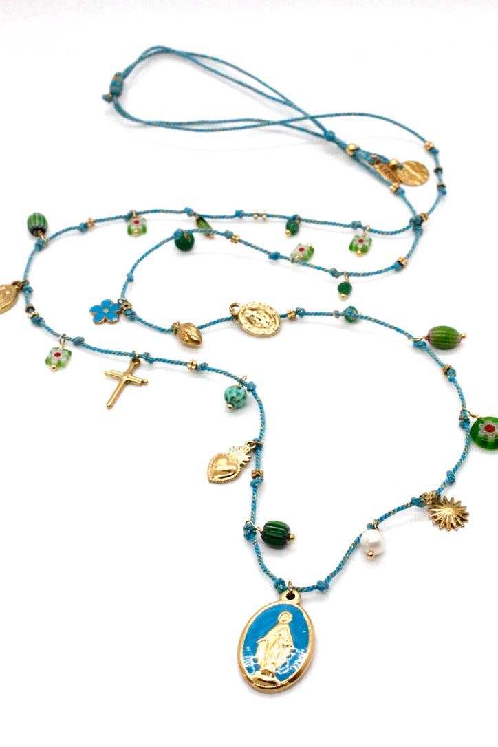 Long Religious Saint and Charm Necklace - N2-2619: Turquoise