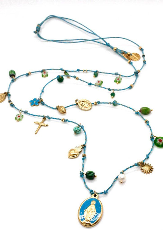 Long Religious Saint and Charm Necklace - N2-2619: Turquoise