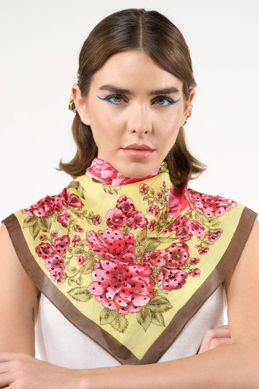 Beauty Hand Embellished Bandana Scarf: Yellow/red floral / One Size