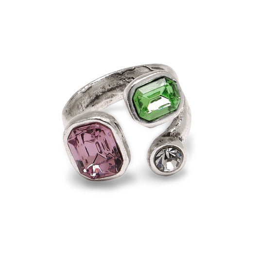Handmade  Green Pink Crystal Brass Ring - 6986