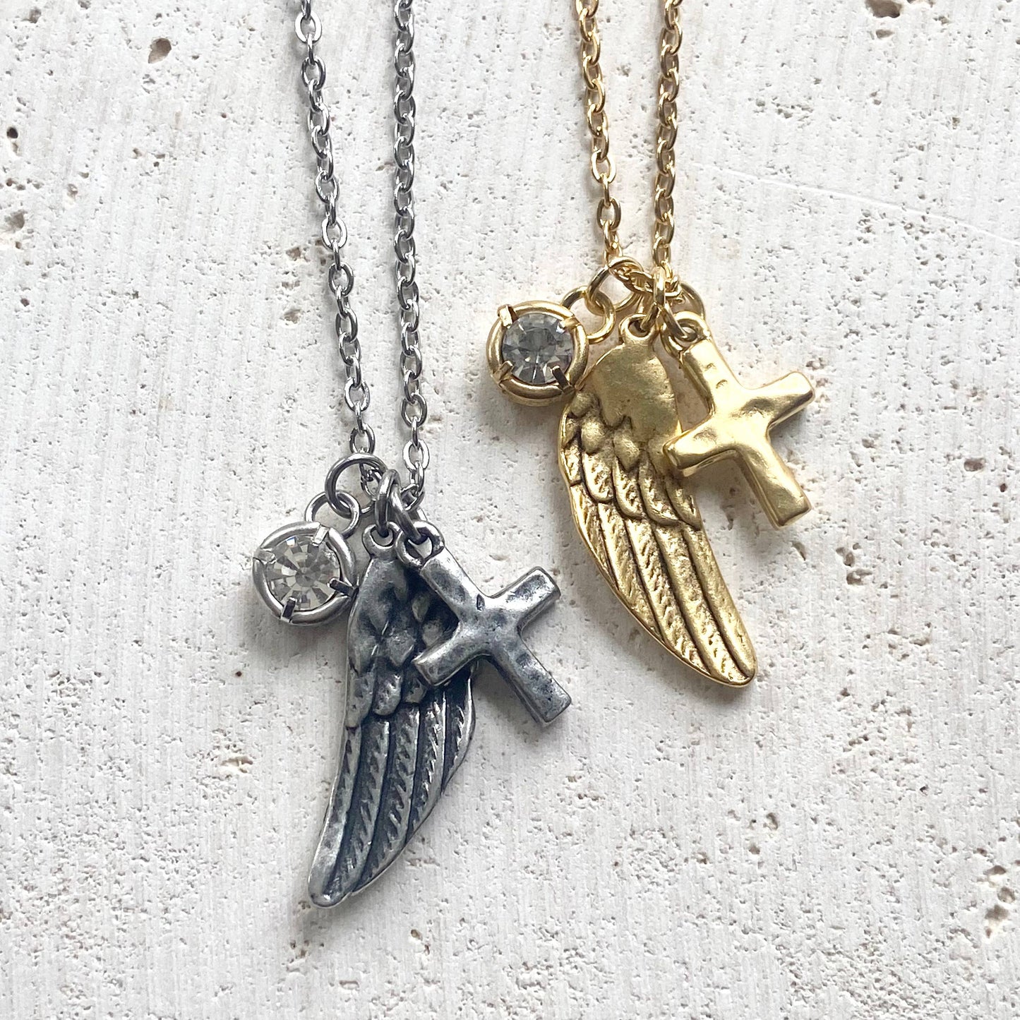 Angel wing cross crystal cluster necklace handmade jewelry : Gold