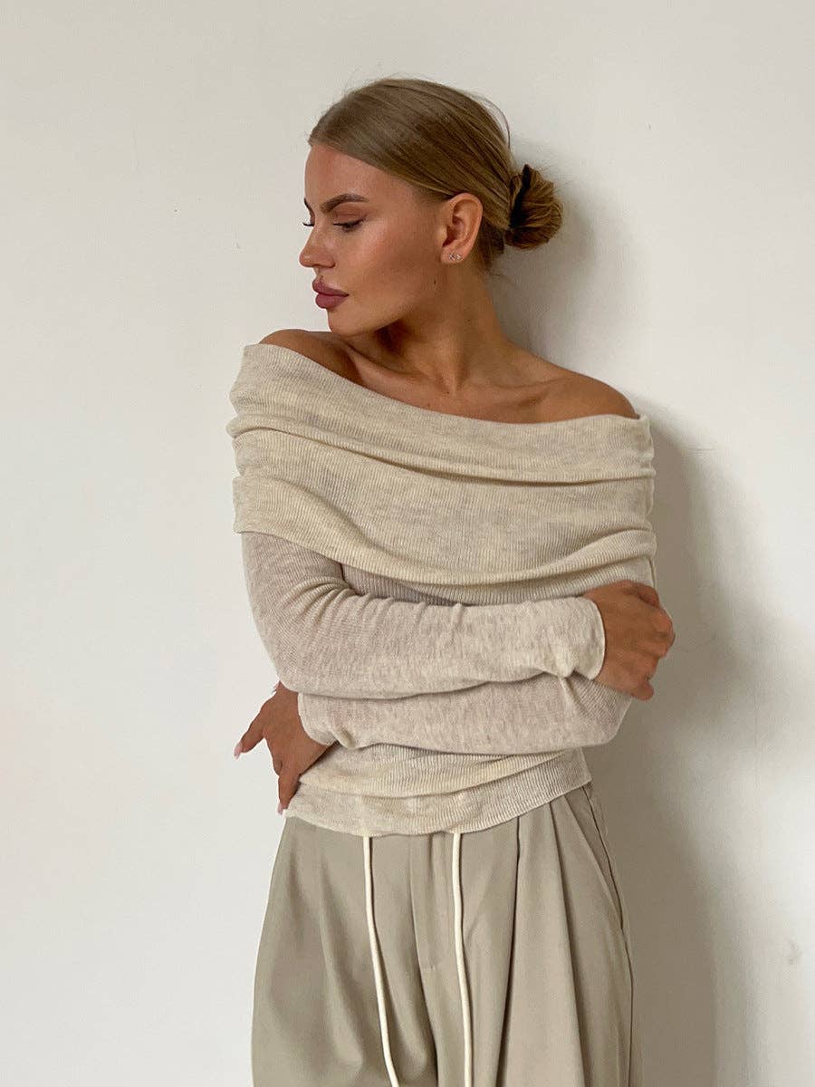 Off-Shoulder Knitted Top Slim Fit Solid Color Long Sleeve Pullover: Black / M