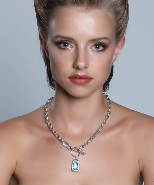Turquoise Crystal Stone pendant Chain Necklace: Silver / Brass
