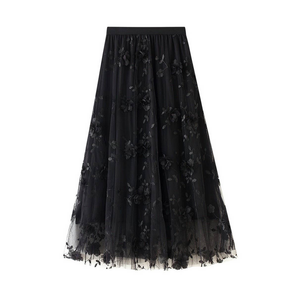 Embroidered Tulle A-Line Maxi Skirt Plus Size_CWBMS0370: Black / (OS) 1