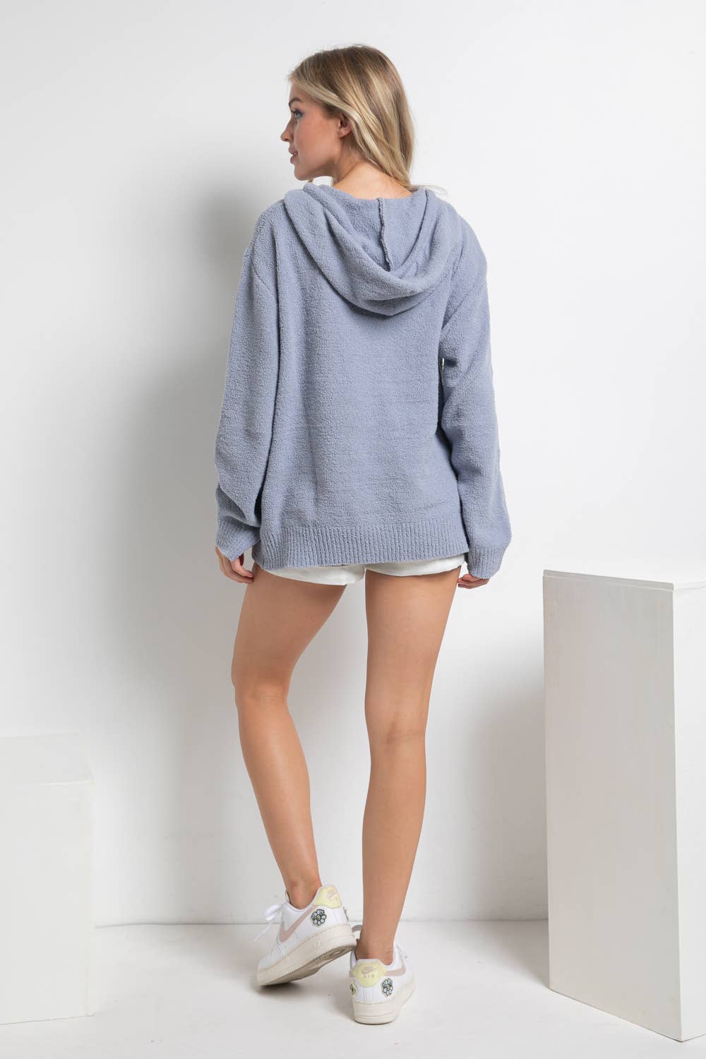 17376W - Fuzzy Cozy Hooded Smiley Sweater: DUSTY BLUE / S/M