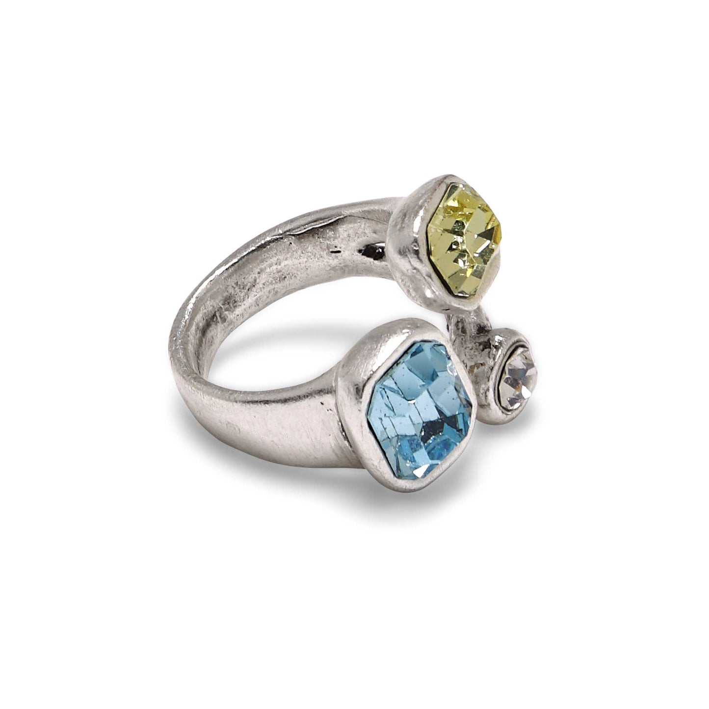 Handmade Blue Yellow Crystal Brass Ring - 6983