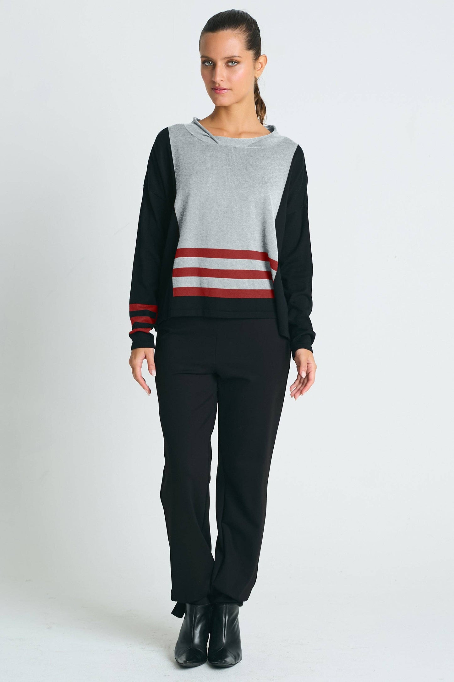 Pima Cotton Triple Stripe Crewneck Collared Sweater - Black/Heather/Chili