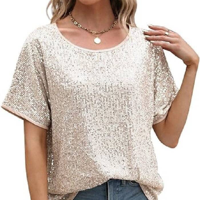 Sequin Deep V-Neck Short Sleeve Top: Silver / M