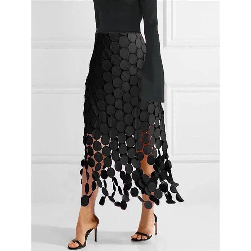 Loose Hollow Polka-Dot Solid Color Skirts Bottoms: BLACK / L