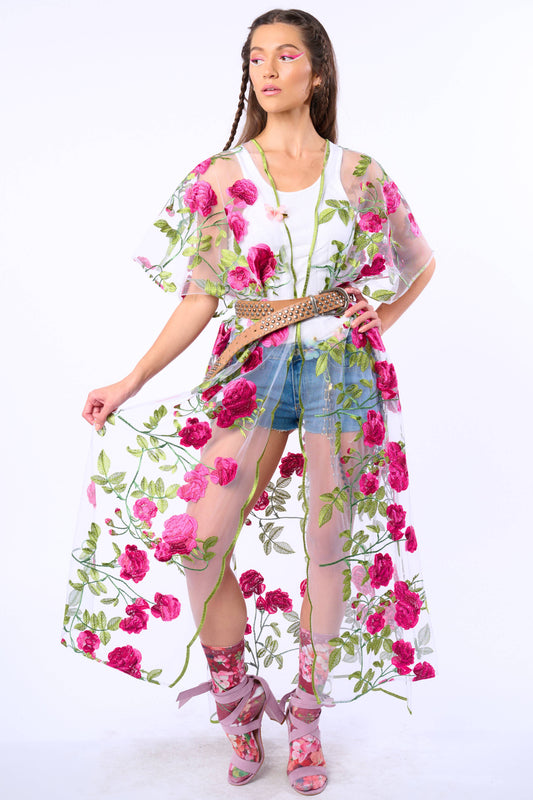 Holiday Of Love Embroidered Mesh Kimono / Topper : Rose Embroidery / One Size