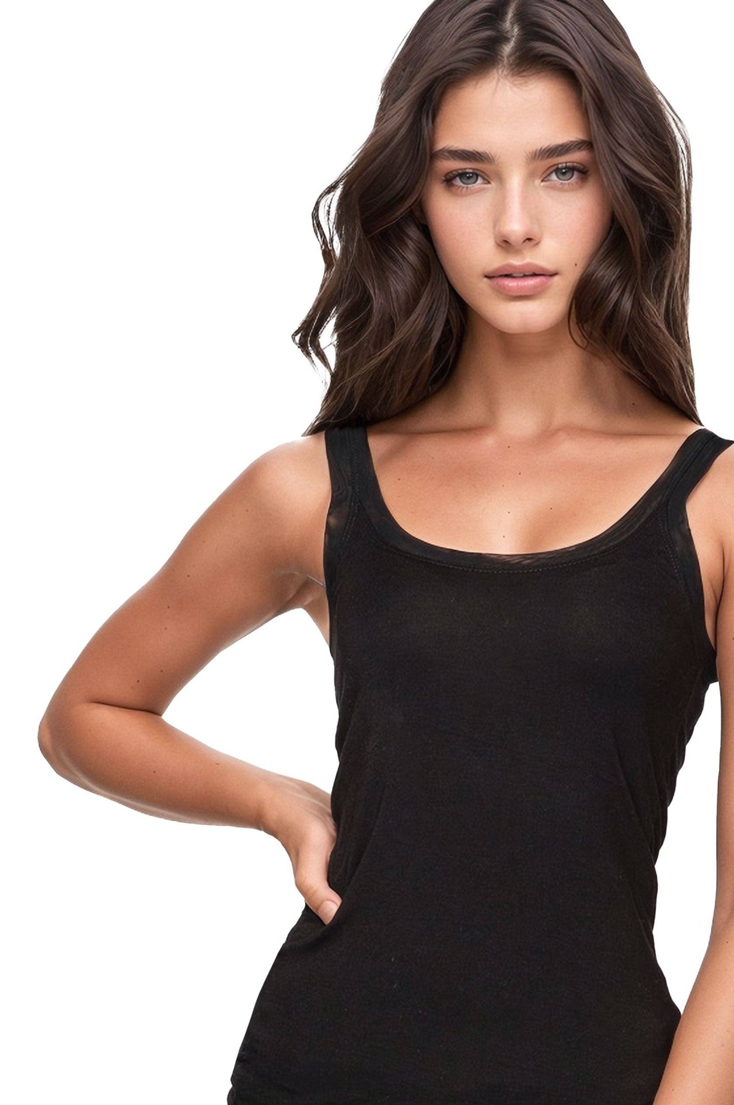 Stretch Knit Cami with Mesh Trim: Heather / XS