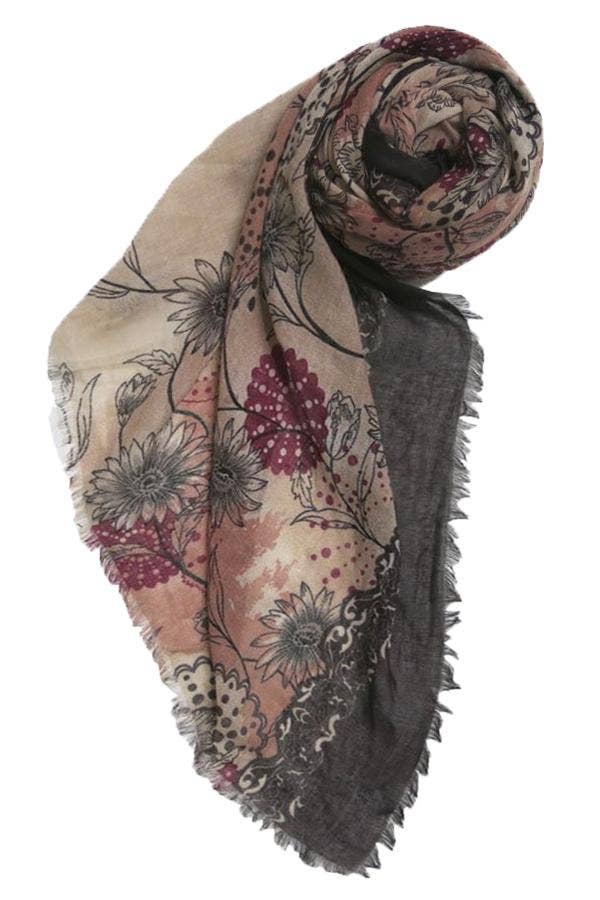 Fringe Edge Scarf Wrap  in Antique Floral  Print: Mauve / Antique Floral