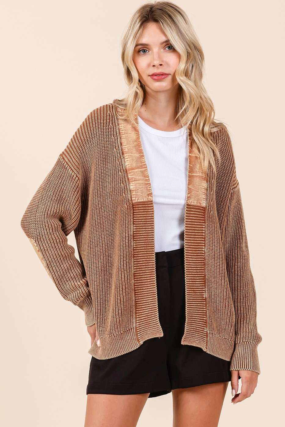 Mineral Wash Contrast Patch Open Front Cardigan S20805