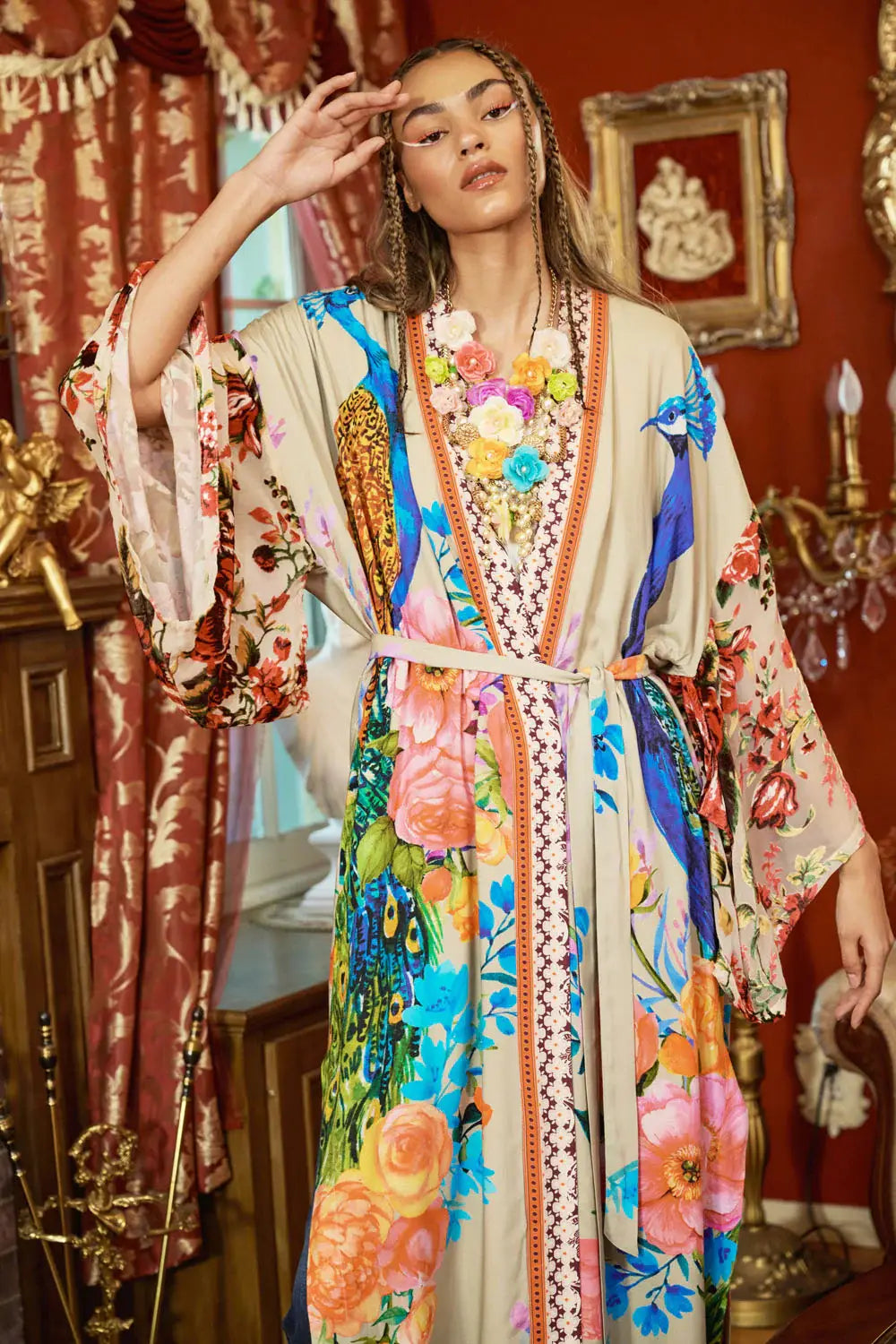 Fantasy Kimono - Beige |Peacock Mesh Sleeve Romantic Robe: Soft Moon / One Size