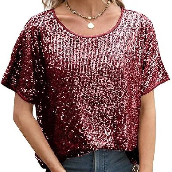 Sequin Deep V-Neck Short Sleeve Top: Black / L